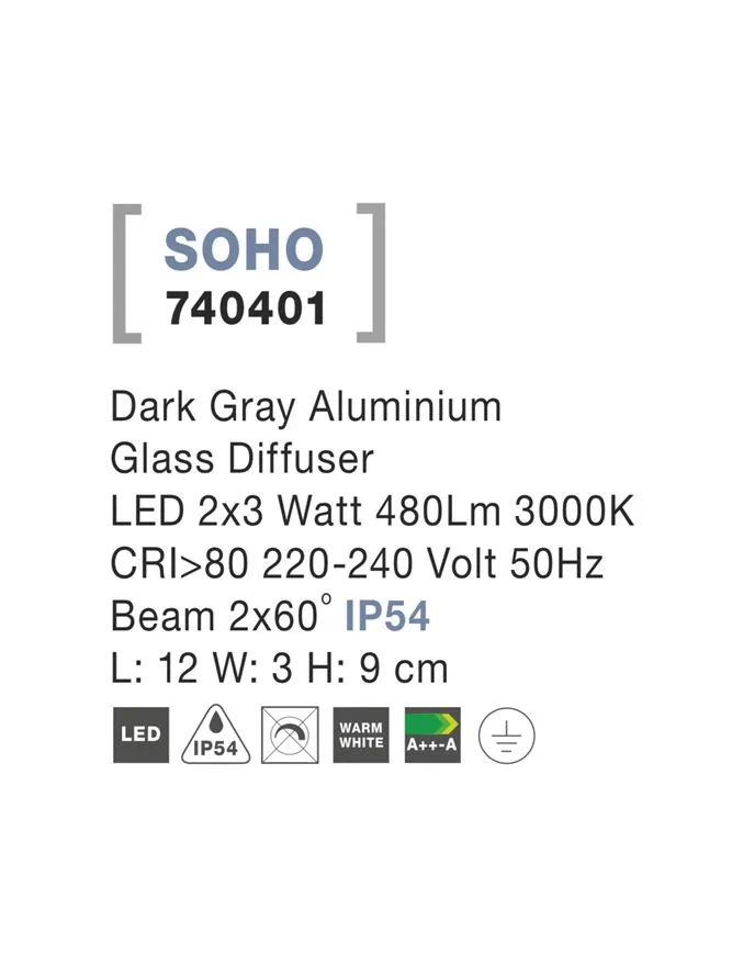 Aplică exterior SOHO LED 2x3 W, 220-240 V, 480 lm, 3000K, IP54, aluminiu și sticlă