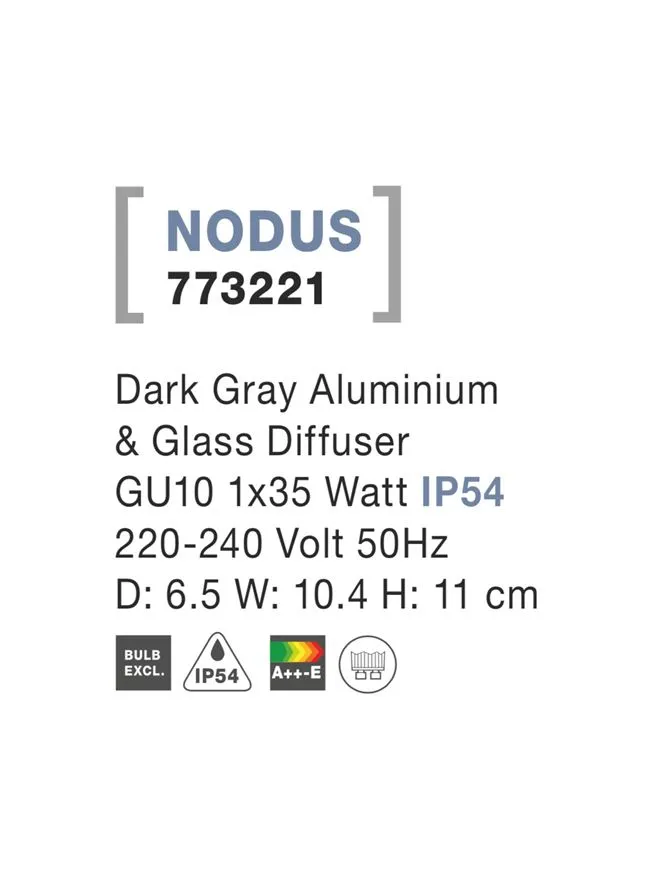 Aplică exterior NODUS GU10, compatibil 1x35 W, 220-240 V, IP54, aluminiu și sticlă
