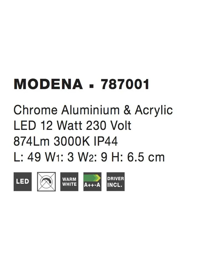 Aplică MODENA LED 12 W, 220-240 V, 874 lm, 3000K, IP44, aluminiu și acril