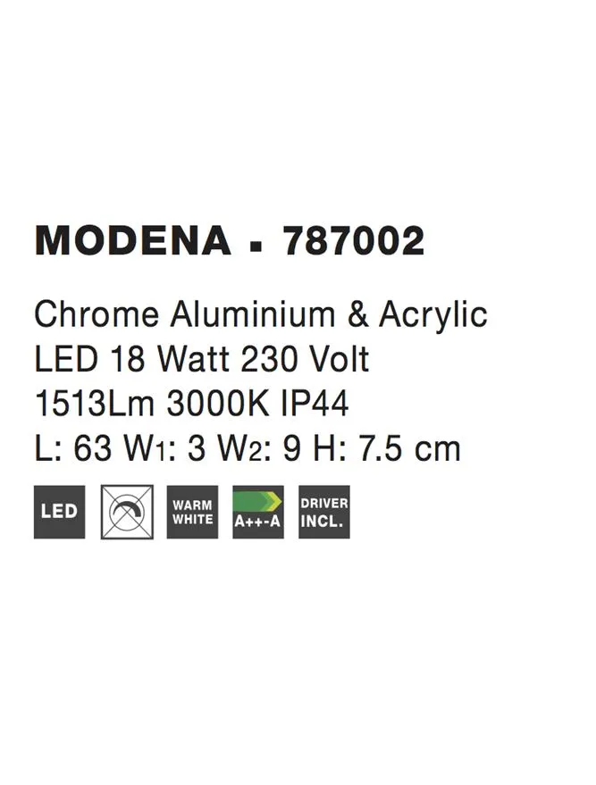 Aplică MODENA LED 18 W, 220-240 V, 1513 lm, 3000K, IP44, aluminiu și acril