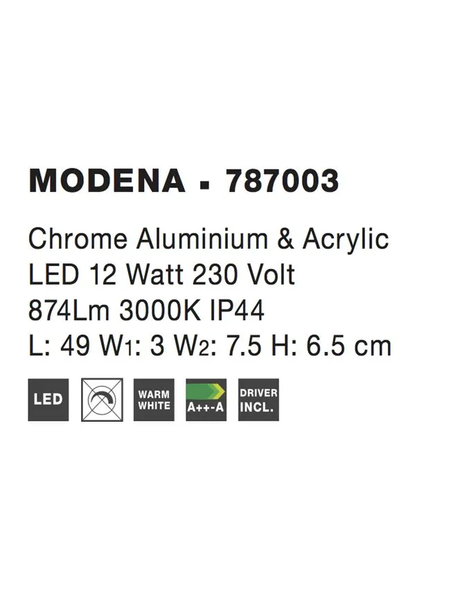 Aplică MODENA LED 12 W, 220-240 V, 874 lm, 3000K, IP44, aluminiu și acril