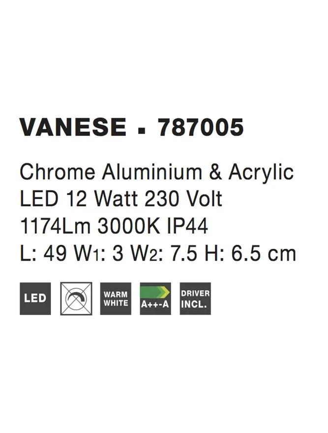 Aplică VANESE LED 12 W, 220-240 V, 1174 lm, 3000K, IP44, aluminiu și acril