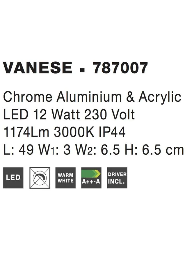 Aplică VANESE LED 12 W, 220-240 V, 1174 lm, 3000K, IP44, aluminiu și acril