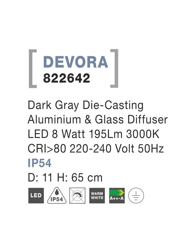 Stâlp DEVORA LED 8 W, 220-240 V, 195 lm, 3000K, IP54, aluminiu și sticlă