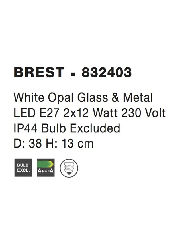 Plafonieră BREST E27, 2x12 W, 230 V, IP44, metal și sticlă