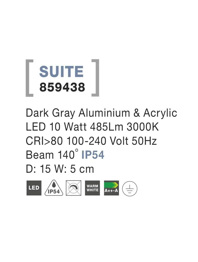 Aplică exterior SUITE LED 10 W, 100-240 V, 485 lm, 3000K, IP54, aluminiu și acril