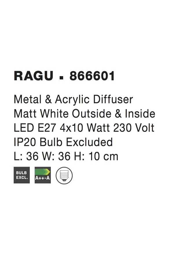 Plafonieră RAGU E27, 4x10 W, 230 V, IP20, acril și metal