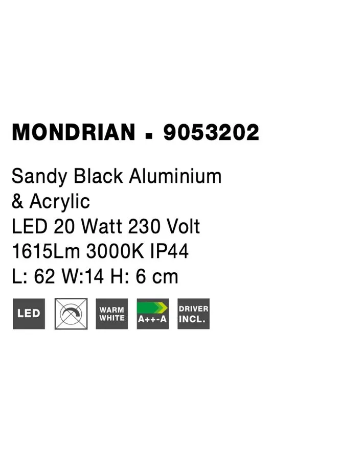 Aplică MONDRIAN LED 20 W, 220-240 V, 1615 lm, 3000K, IP44, aluminiu și acril