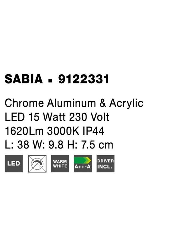 Aplică SABIA LED 15 W, 220-240 V, 1620 lm, 3000K, IP44, aluminiu și acril