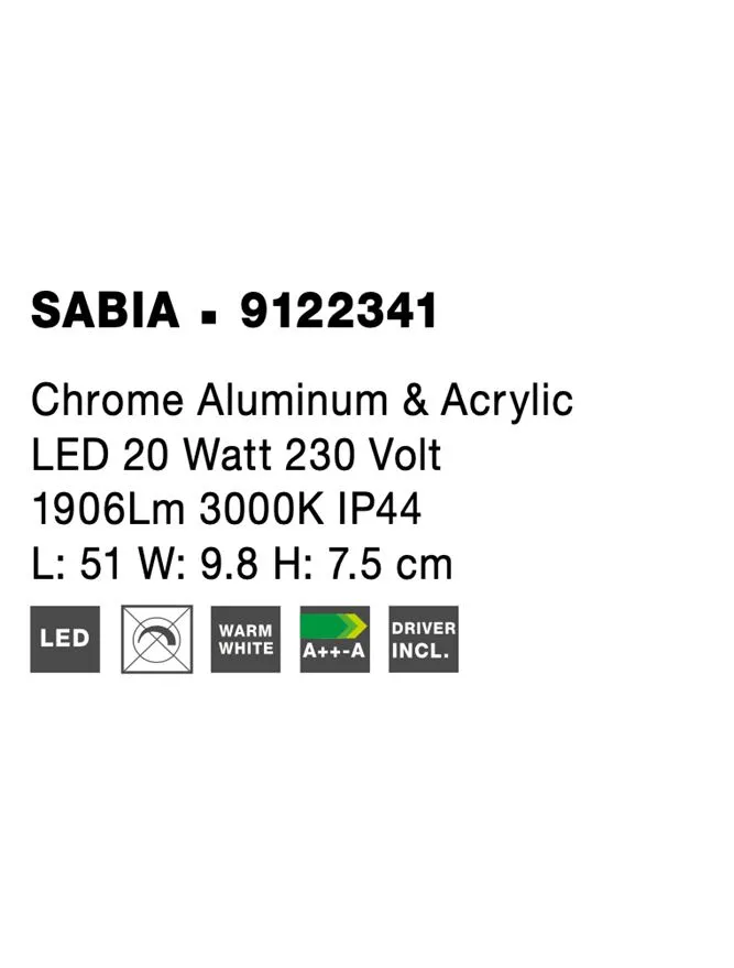 Aplică SABIA LED 20 W, 220-240 V, 1906 lm, 3000K, IP44, aluminiu și acril