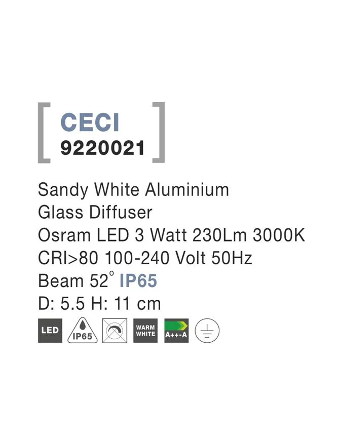 Plafonieră exterior CECI LED 3 W, 100-240 V, 230 lm, 3000K, IP65, aluminiu și sticlă