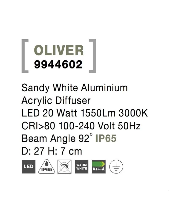 Plafonieră exterior OLIVER LED 20 W, 100-240 V, 1550 lm, 3000K, IP65, CRI ≥80, aluminiu și acril