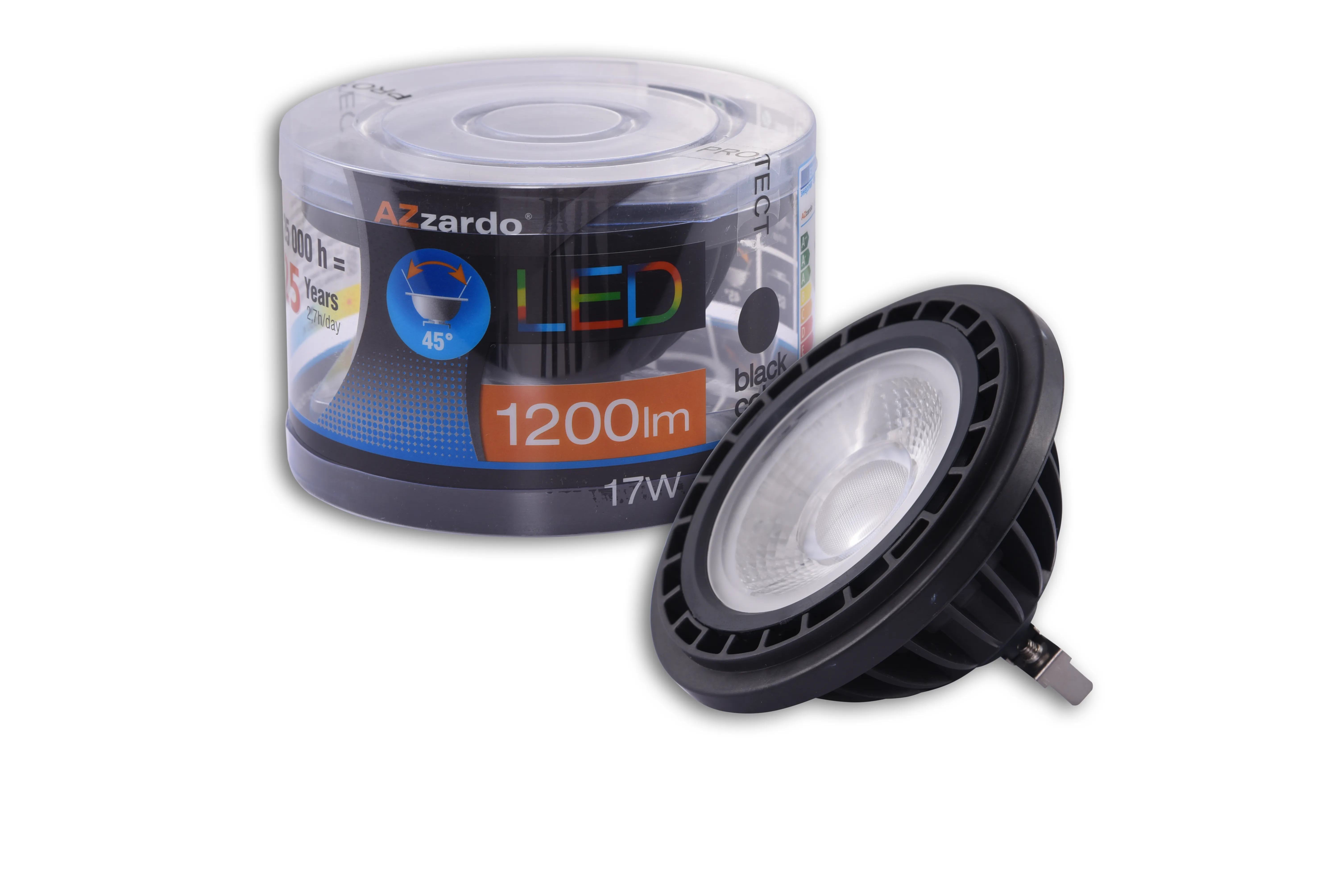 Bec AZZARDO 3000K, negru, finisaj mat, 12V, AR111+ G5.3, 1x17W, 1200lm, 3000K, CRI ≥80, IP20