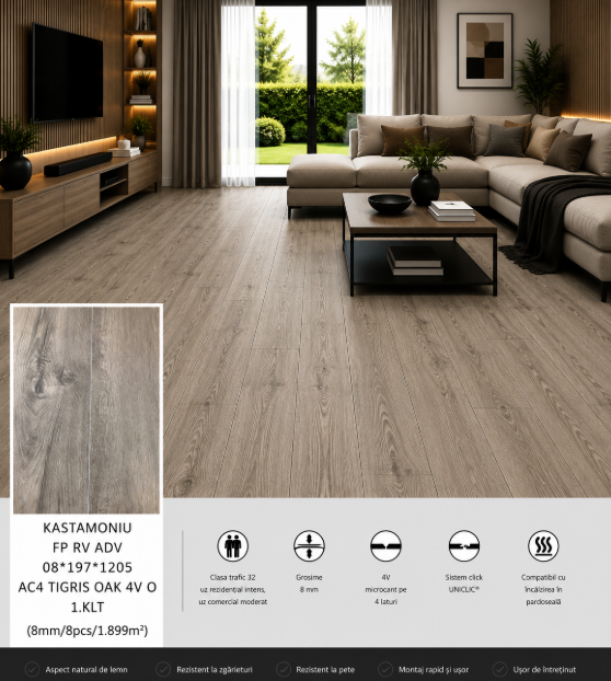 Laminat KASTAMONIU FP RV ADV 08*197*1205 AC4 TIGRIS OAK 4V O 1.KLT (8mm/8pcs/1.899m2)