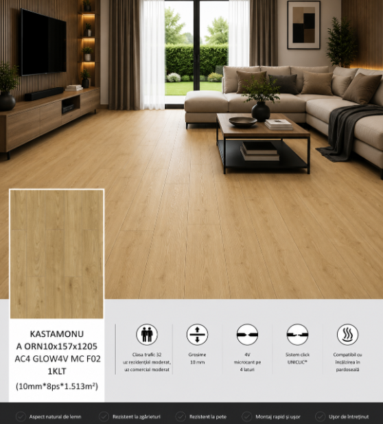 Laminat KASTAMONU A ORN10x157x1205 AC4 GLOW4V MC F02 1KLT (10mm*8ps*1.513m2)