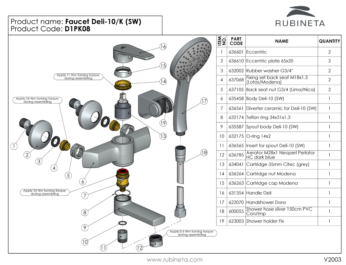 Baterie pentru baie RUBINETA Deli-10/K (SW) D1PK08