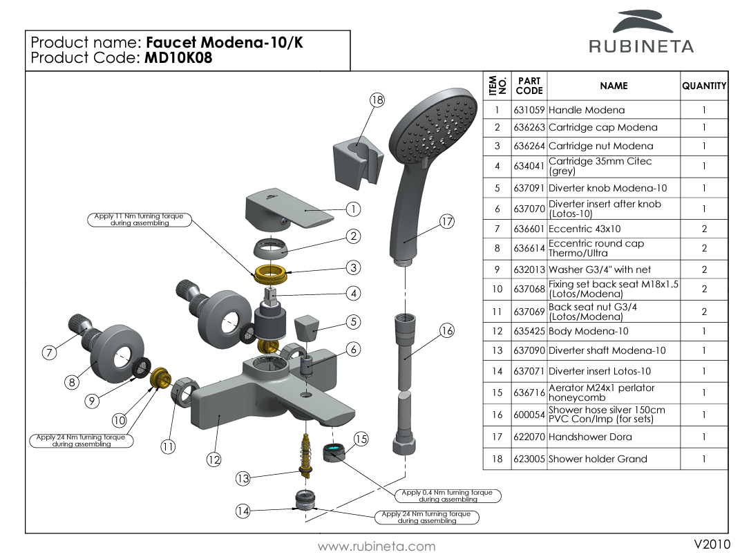 Baterie pentru baie RUBINETA Modena-10/K MD10K08