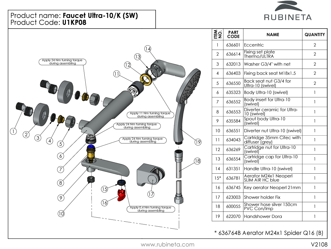 Baterie pentru baie RUBINETA ULTRA-10/K (SW) U1KP08