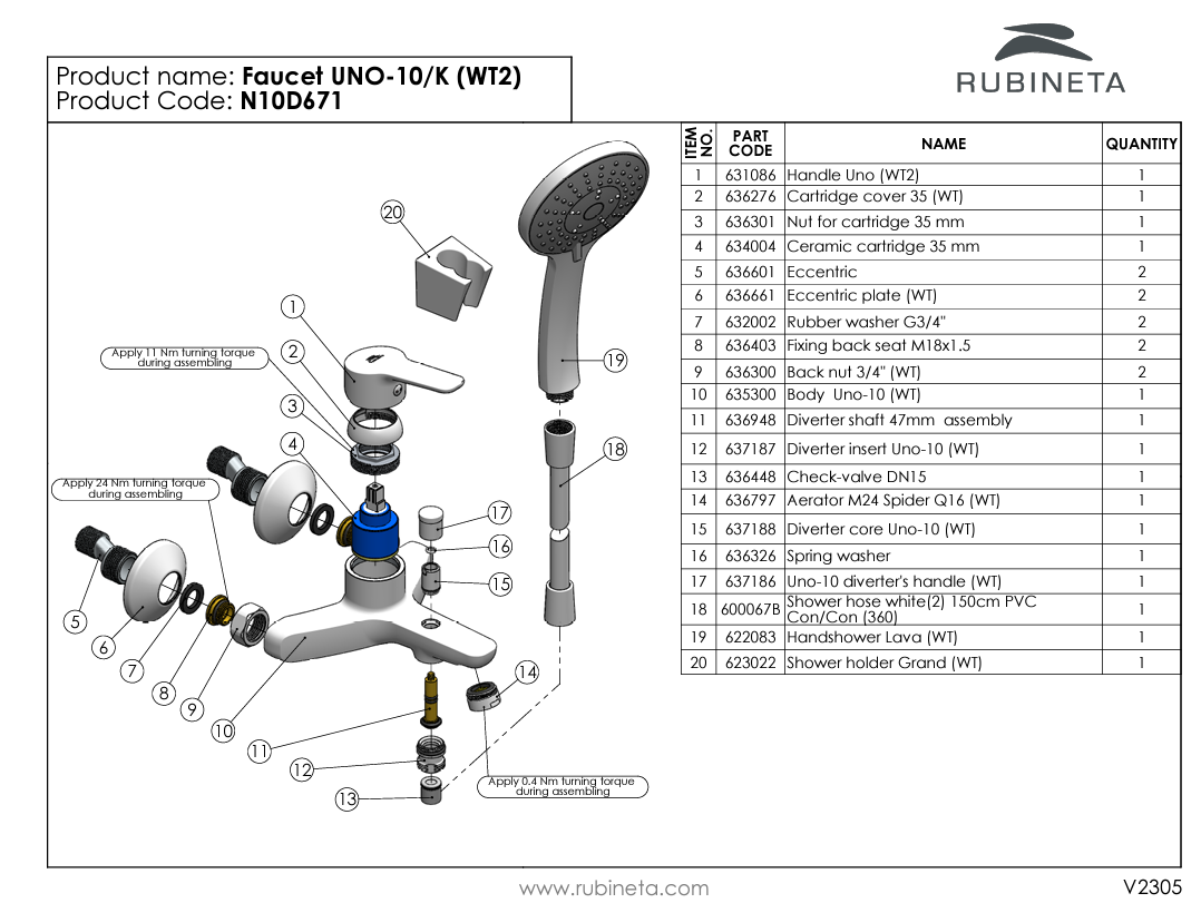 Baterie pentru baie RUBINETA UNO-10/K (WT2) N10D671