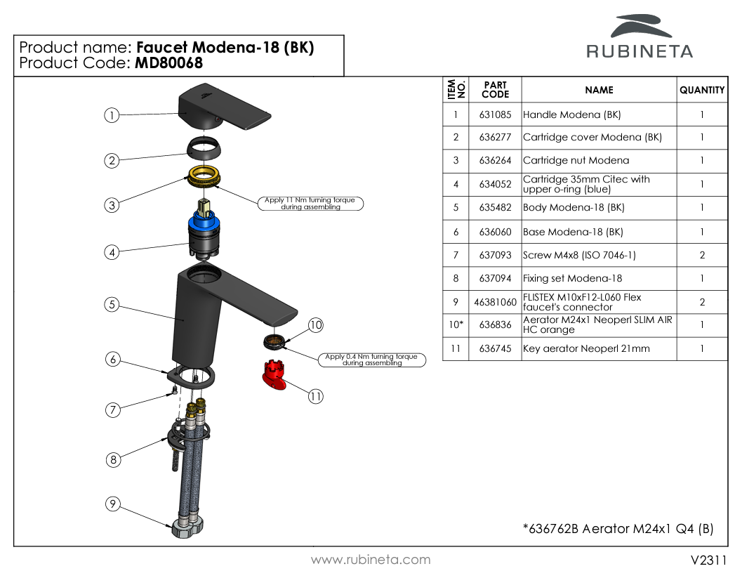 Baterie pentru lavoar RUBINETA Modena-18 (BK) MD80068