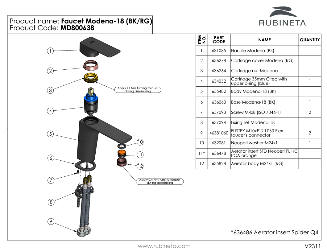 Baterie pentru lavoar RUBINETA Modena-18 (BK/RG) MD800638