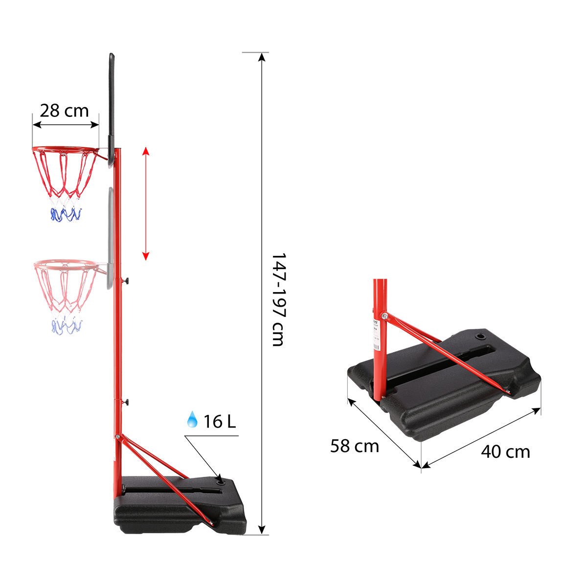 Stand baschet + panou cu inel si plasa + minge cu pompa h=147–197 cm Nils ZDK881A 10-20-007 (14257) 2