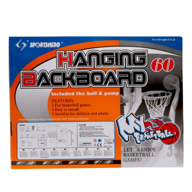 Щит баскетбольный 60x43 см + кольцо d=32 см, сетка и мяч 55618 (7209)