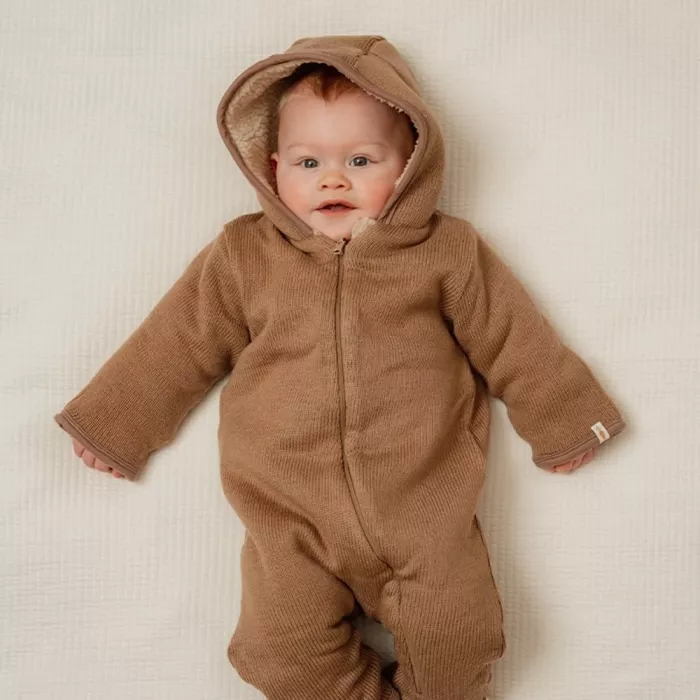 Salopeta groasa din tricot captusita cu material teddy - Brown - Little Dutch - 62/68