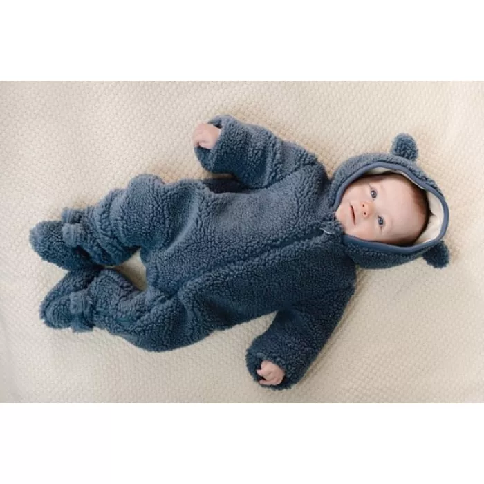 Salopeta captusita cu gluga din material teddy - Stone Blue - Little Dutch - 62/68