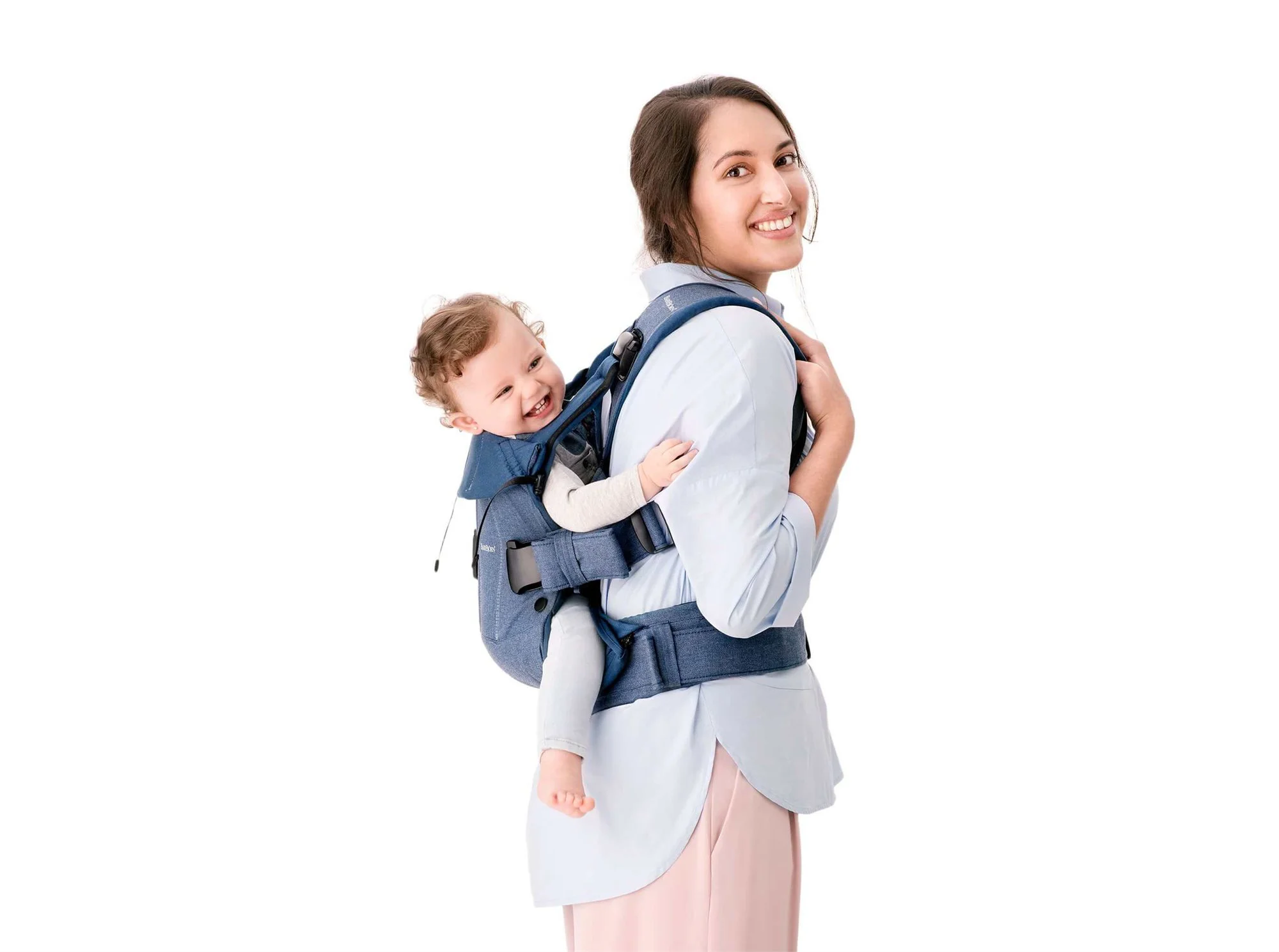 Marsupiu anatomic BabyBjorn One Denim Midnight Blue cu pozitii multiple de purtare, bumbac
