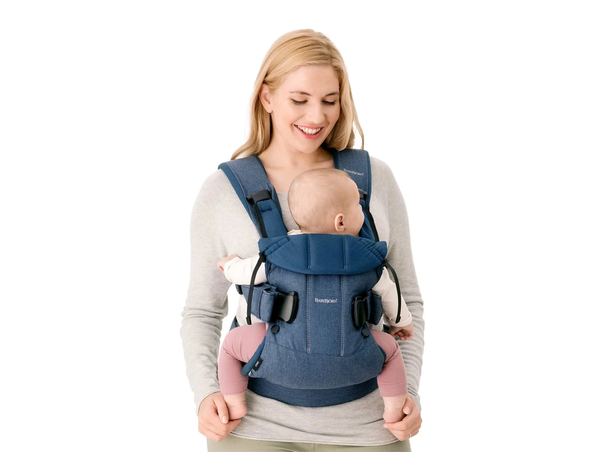 Marsupiu anatomic BabyBjorn One Denim Midnight Blue cu pozitii multiple de purtare, bumbac