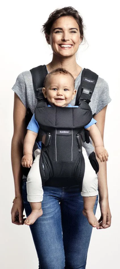 Marsupiu anatomic BabyBjorn One Denim Grey cu pozitii multiple de purtare, bumbac