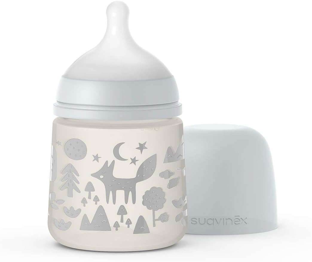 Biberon cu Tetina Anatomica Fox, Suavinex, 0+ Luni, Curgere Libera, Silicon, 150 ml, Gri