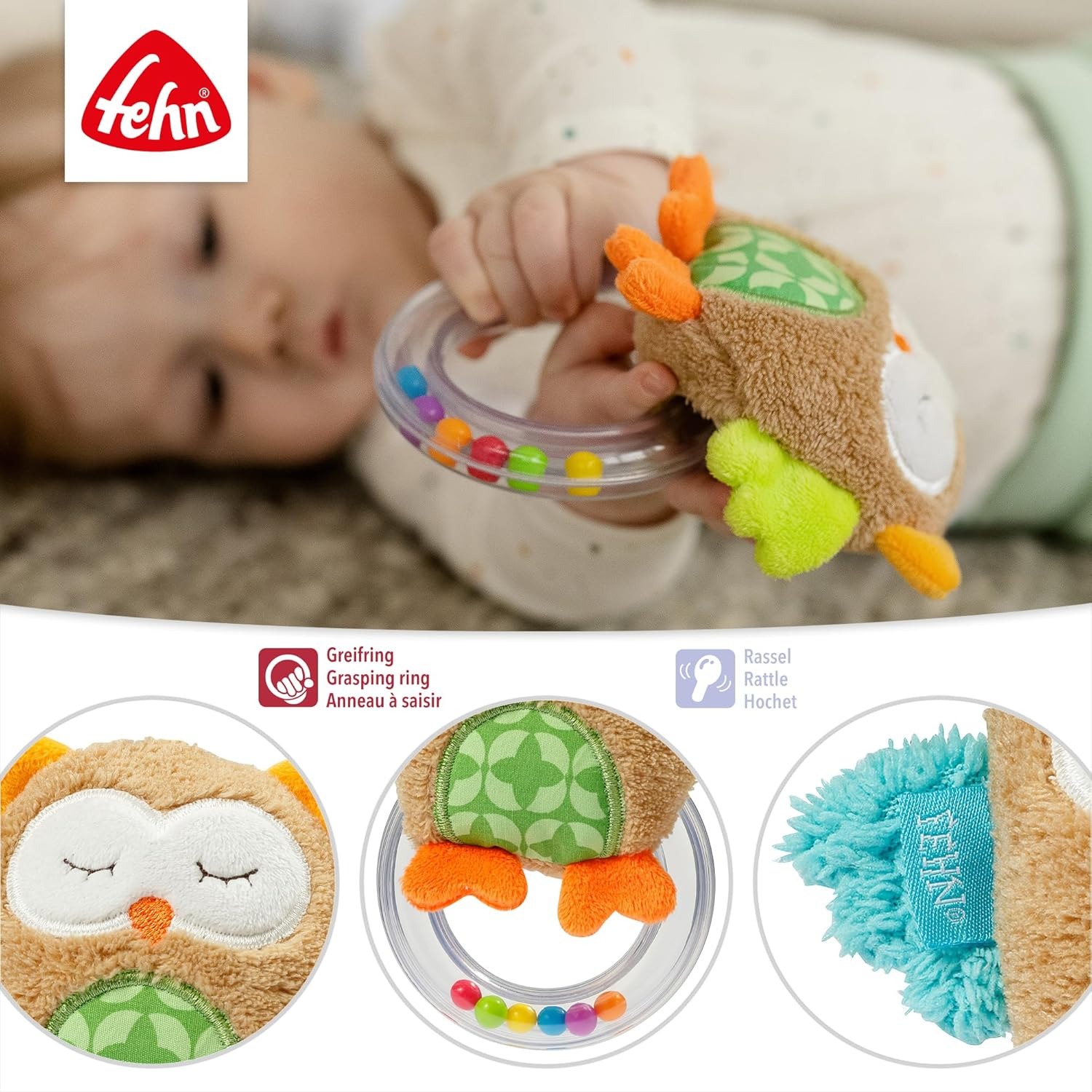 Jucarie bebelusi, Bufnita, Zornaitoare, 13 cm, Fehn