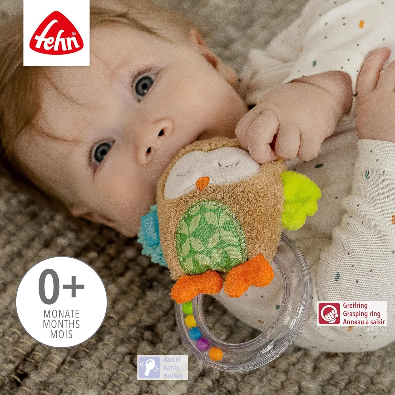 Jucarie bebelusi, Bufnita, Zornaitoare, 13 cm, Fehn