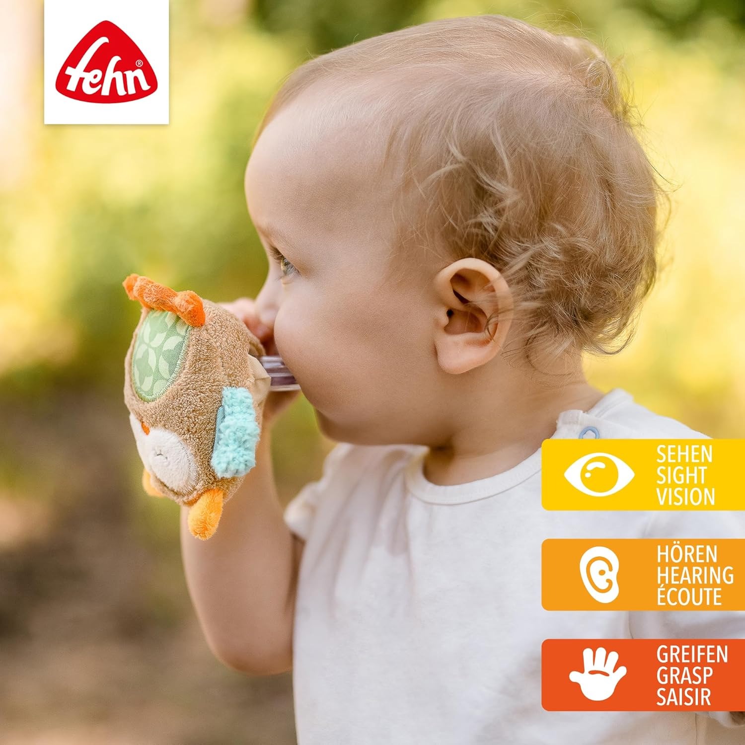 Jucarie bebelusi, Bufnita, Zornaitoare, 13 cm, Fehn