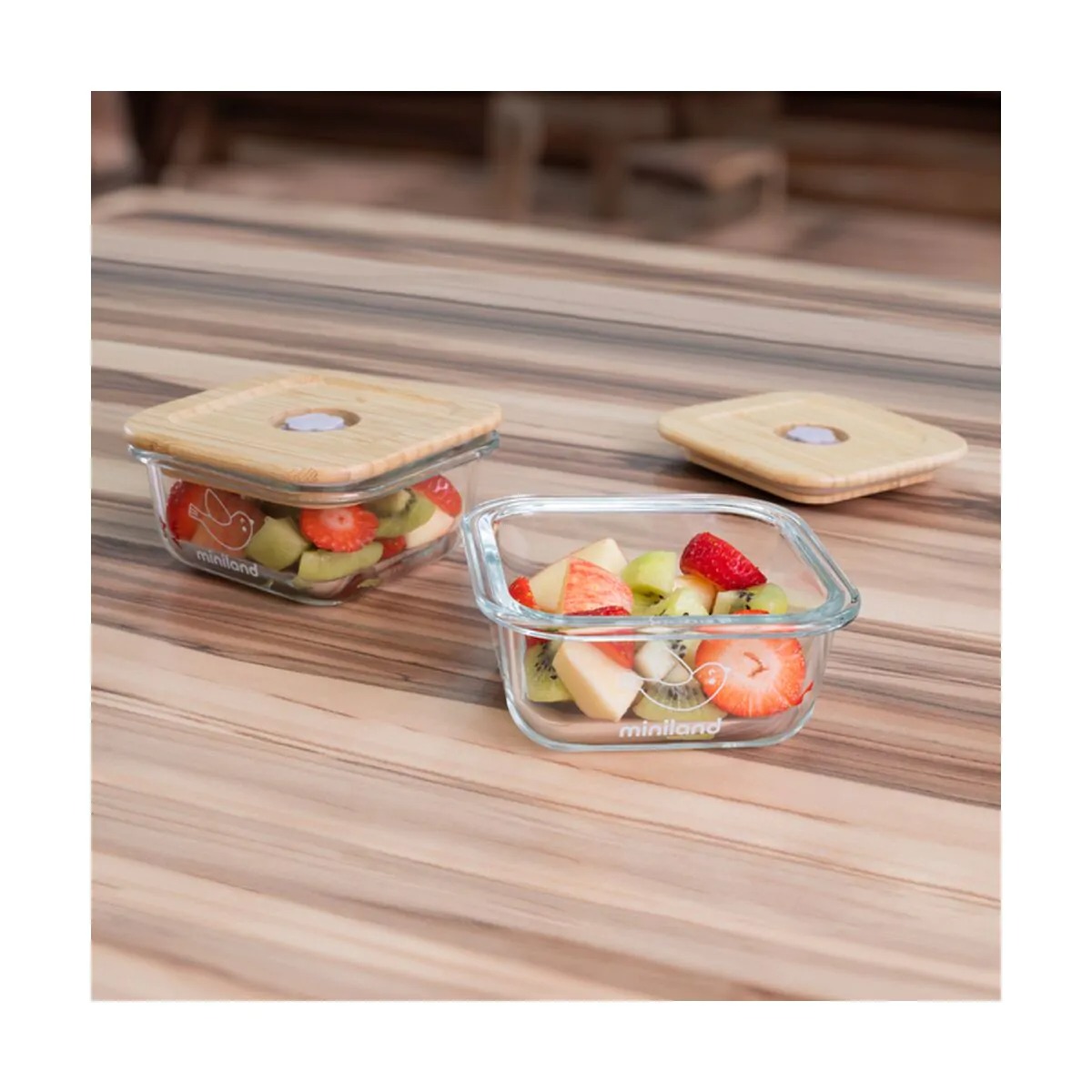 Set 2 recipiente ermetice din sticlă 210 ml cu capac din lemn Miniland EcoSquare Chick