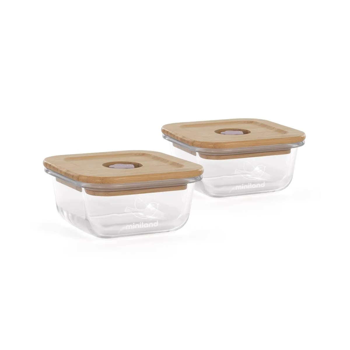 Set 2 recipiente ermetice din sticlă 210 ml cu capac din lemn Miniland EcoSquare Chick