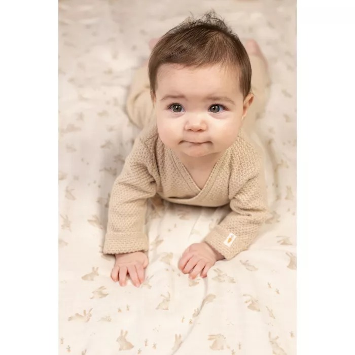 Salopeta tricotata petrecuta din bumbac organic pentru bebelusi - Sand - Marime 50 - Little Dutch