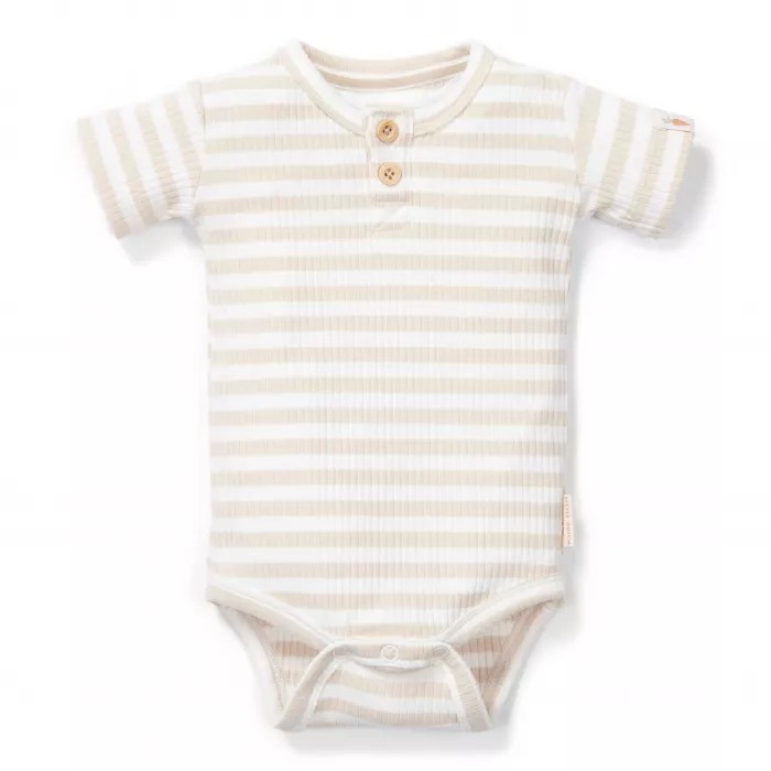 Body cu maneca scurta din bumbac organic - Stripe Sand/White - Marime 44 - Little Dutch