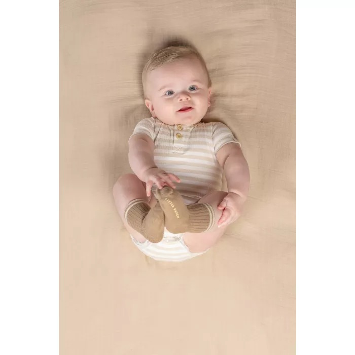 Body cu maneca scurta din bumbac organic - Stripe Sand/White - Marime 44 - Little Dutch