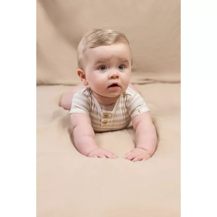 Body cu maneca scurta din bumbac organic - Stripe Sand/White - Marime 44 - Little Dutch