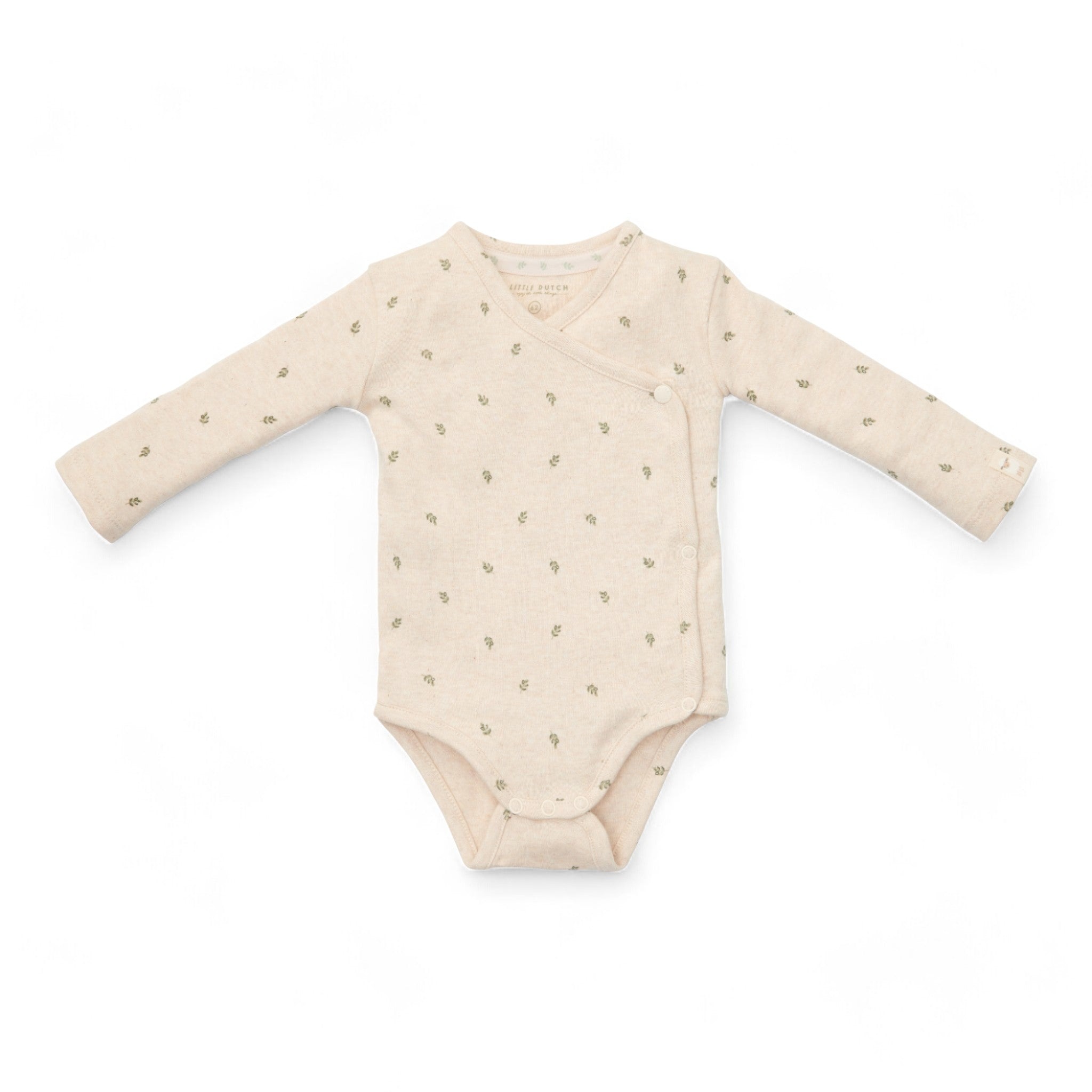Body kimono cu maneca lunga din bumbac organic pentru bebelusi - Little Farm - Green Leves - Marime 62 - Little Dutch