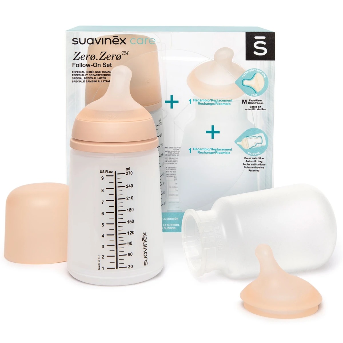 Set Biberon si Tetina Anticolici cu Rezerve Zero, Suavinex, 0+ Luni, Silicon, 180 ml, Transparent