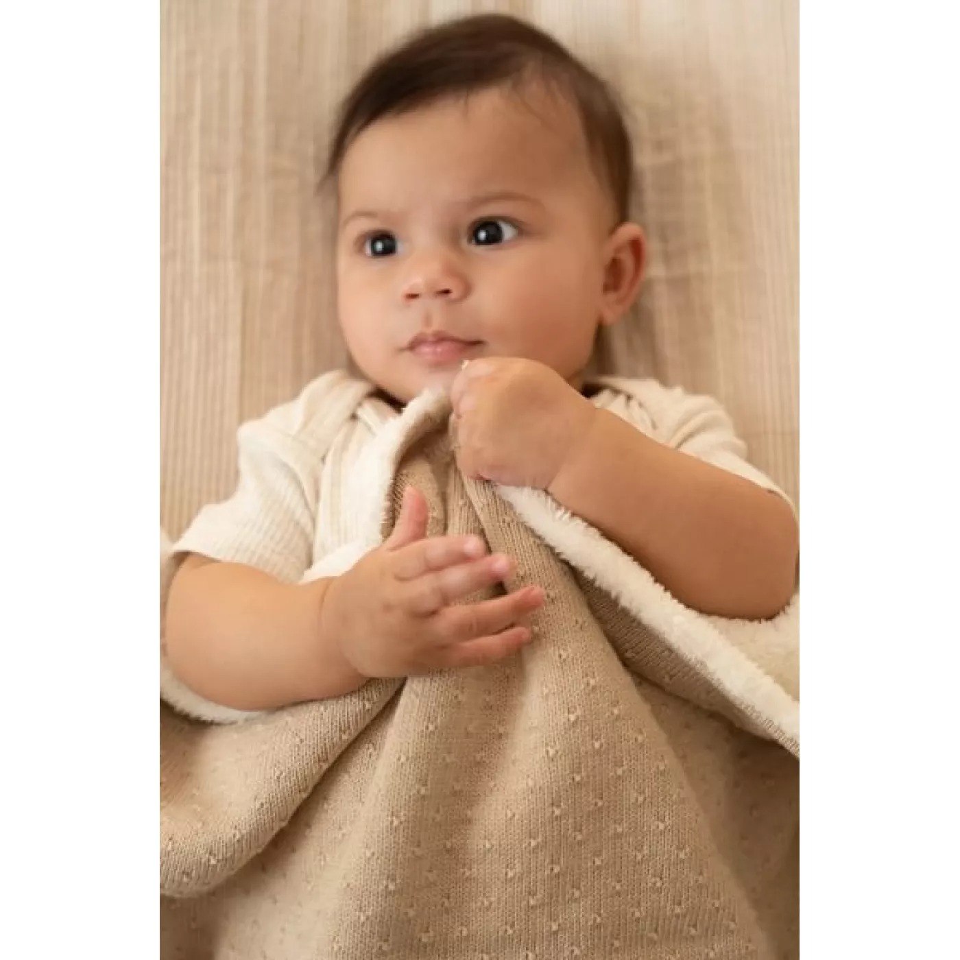 Patura tricotata din bumbac organic dublata cu plus - 70x100 cm - Pure Soft Beige - Little Dutch