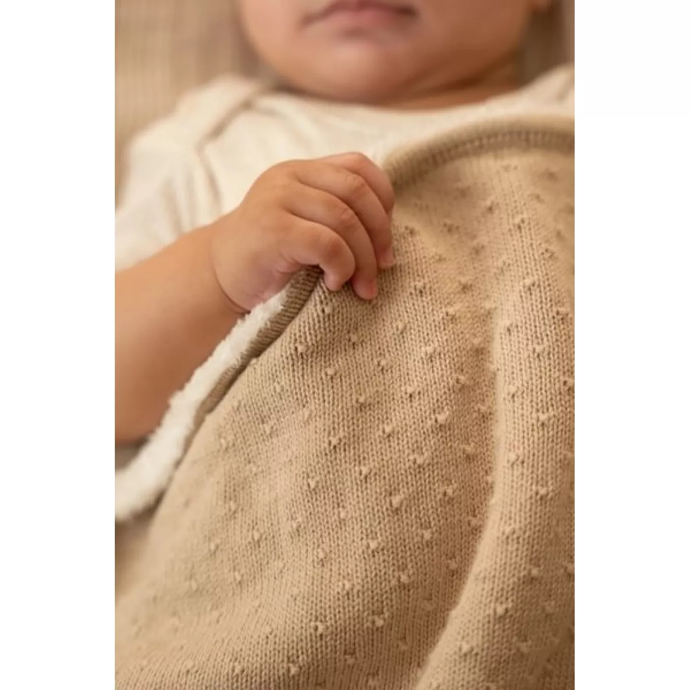 Patura tricotata din bumbac organic dublata cu plus - 70x100 cm - Pure Soft Beige - Little Dutch