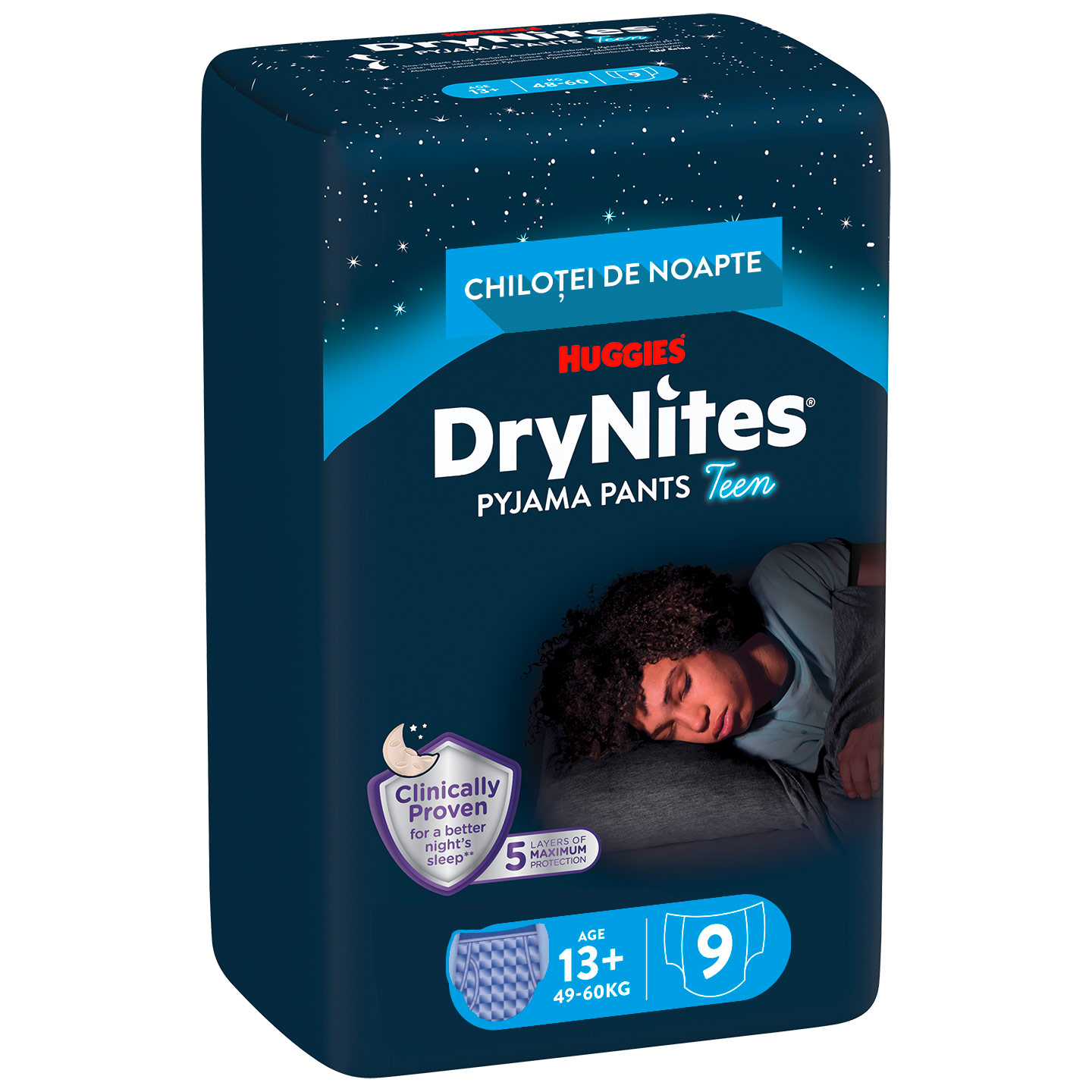 Scutece-chiloţel Huggies DryNites 13+ ani, băieţel, 49-60 kg, 9 buc.