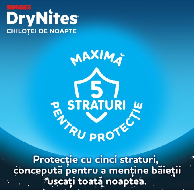 Scutece-chiloţel Huggies DryNites 13+ ani, băieţel, 49-60 kg, 9 buc.