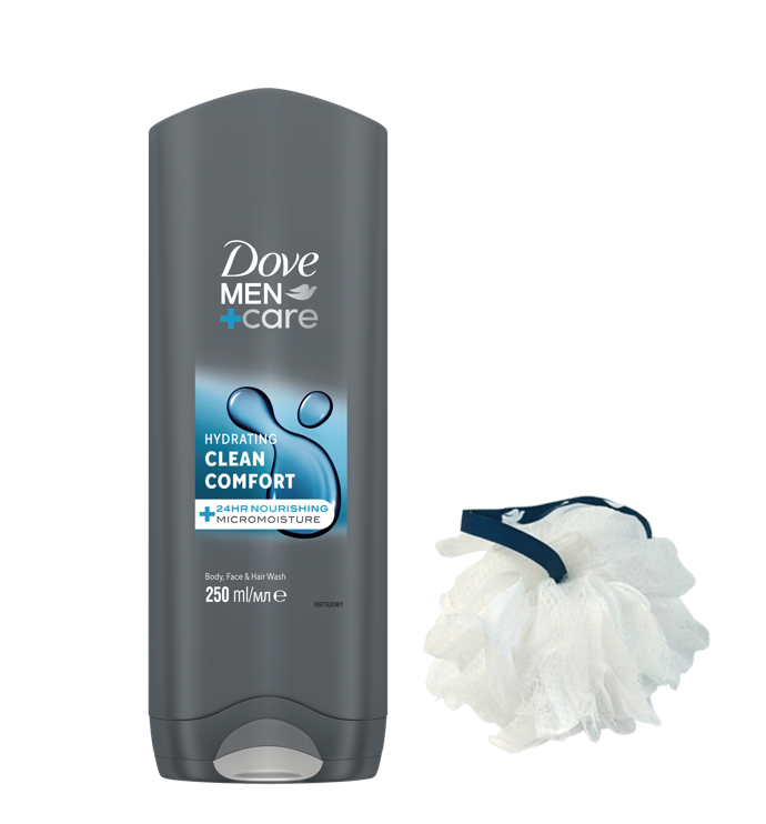 Gel de dus Dove  Men +Care Gel de Dus Clean Confort 250ml + Puf baie Gratis 