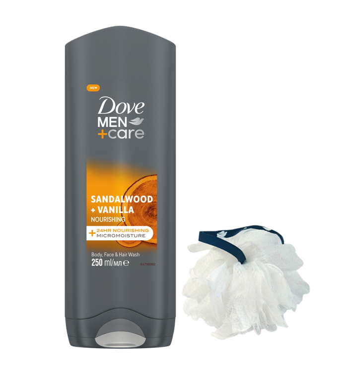Dove  Men +Care Gel de Dus Lemn Santal 250ml + Puf baie Gratis 